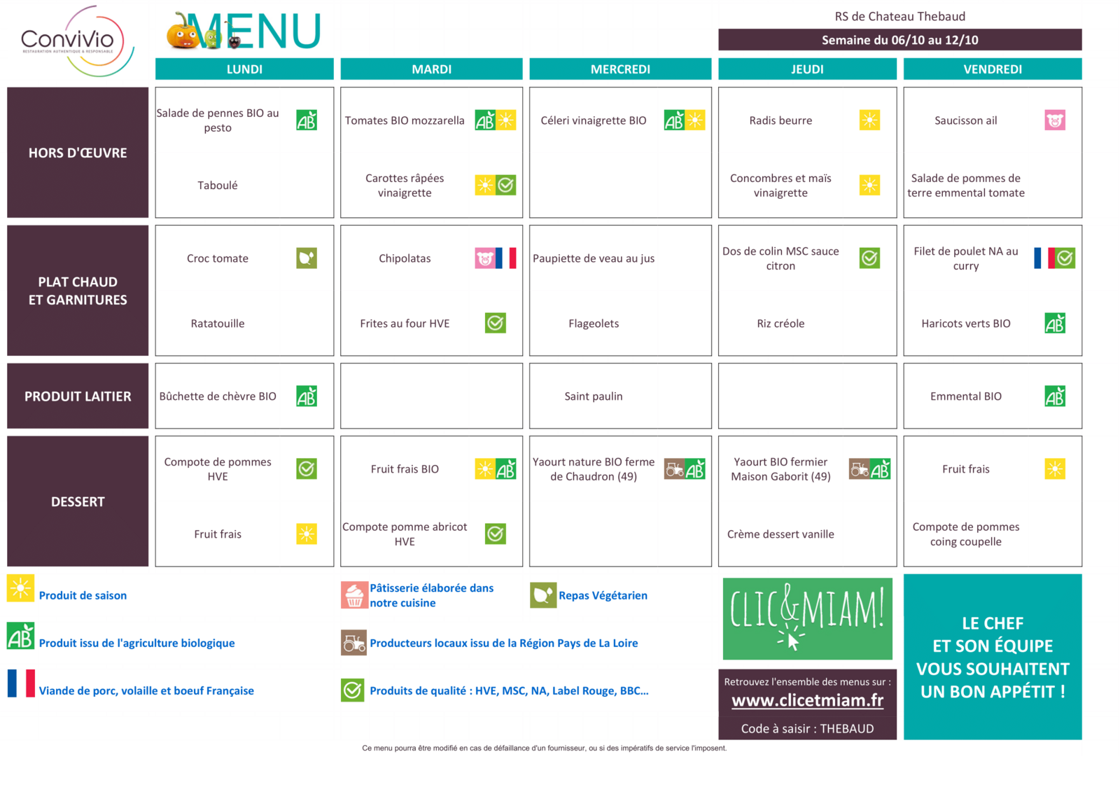 REPAS CANTINE : 06 octobre au 10 octobre 2025