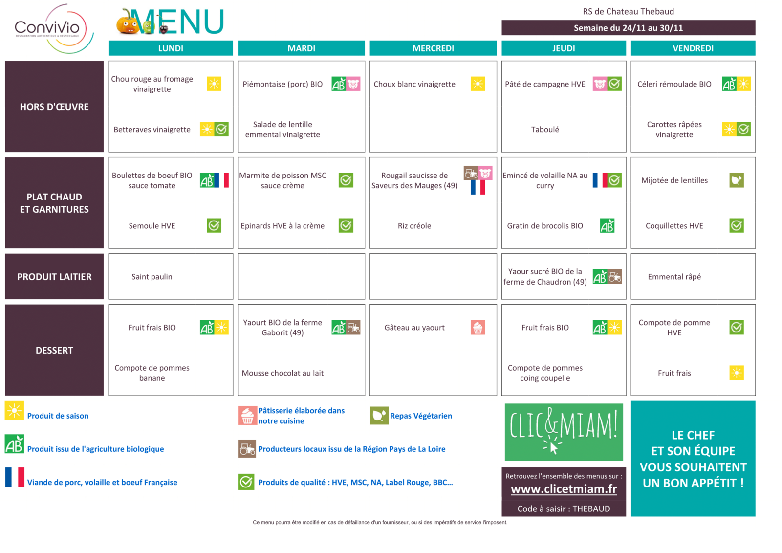 REPAS CANTINE : 24 novembre au 28 novembre 2025