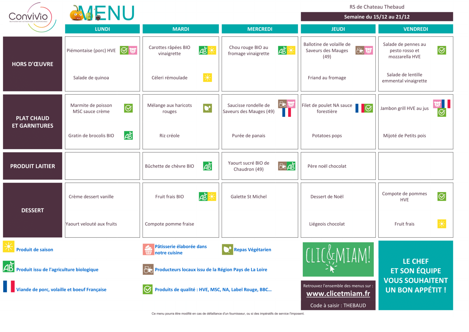 REPAS CANTINE : 15 décembre au 19 décembre 2025