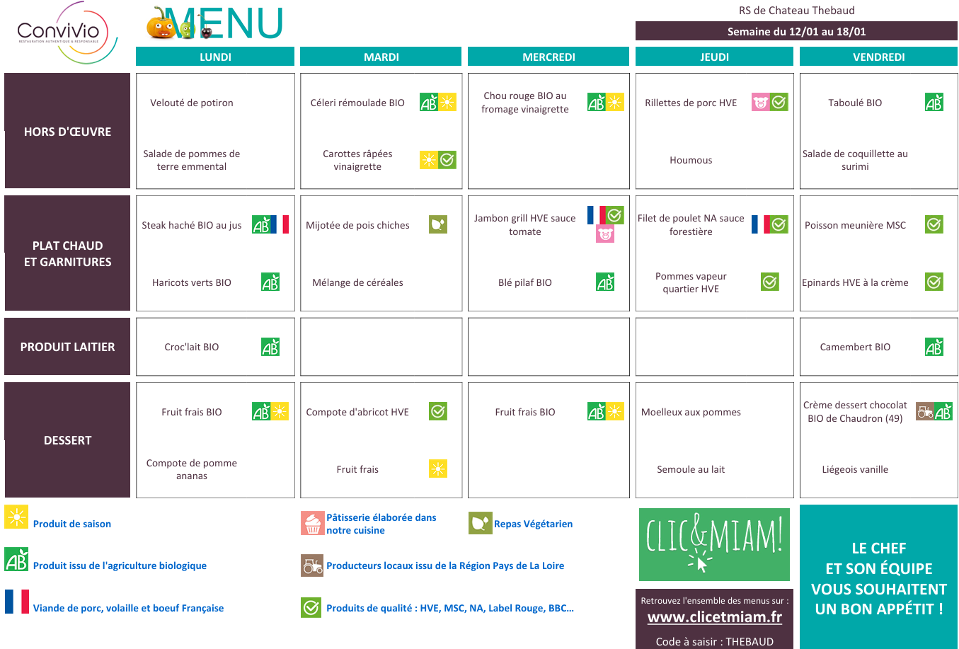 REPAS CANTINE : 12 janvier au 18 janvier 2026