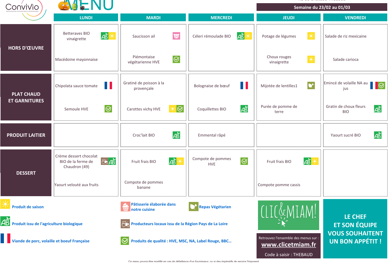 REPAS CANTINE / VACANCES : 23 février au 1er mars 2026
