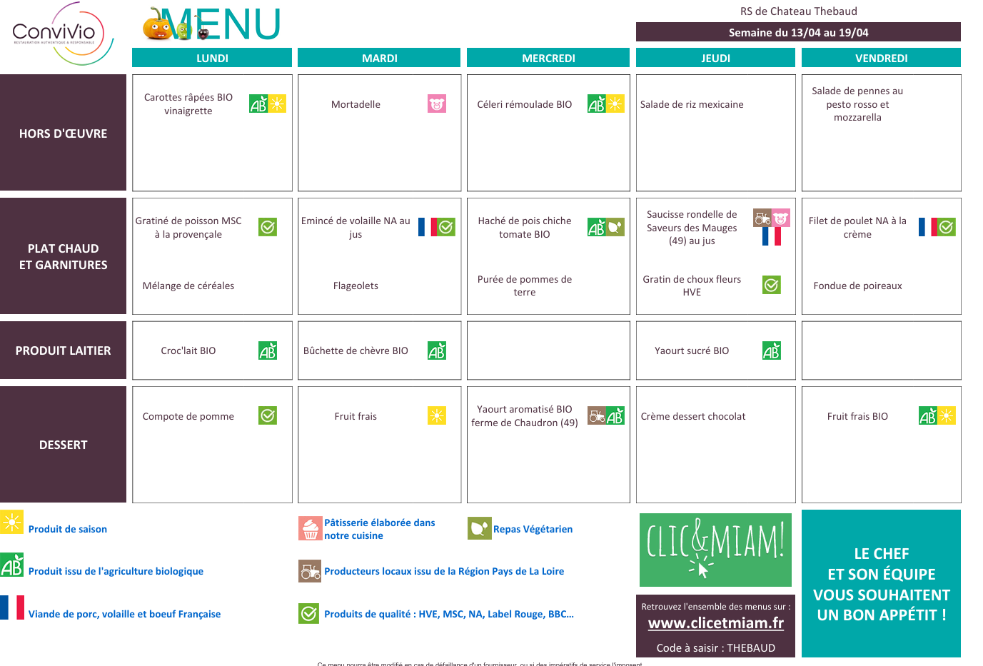 REPAS CANTINE/VACANCES: 13 avril au 17 avril 2026