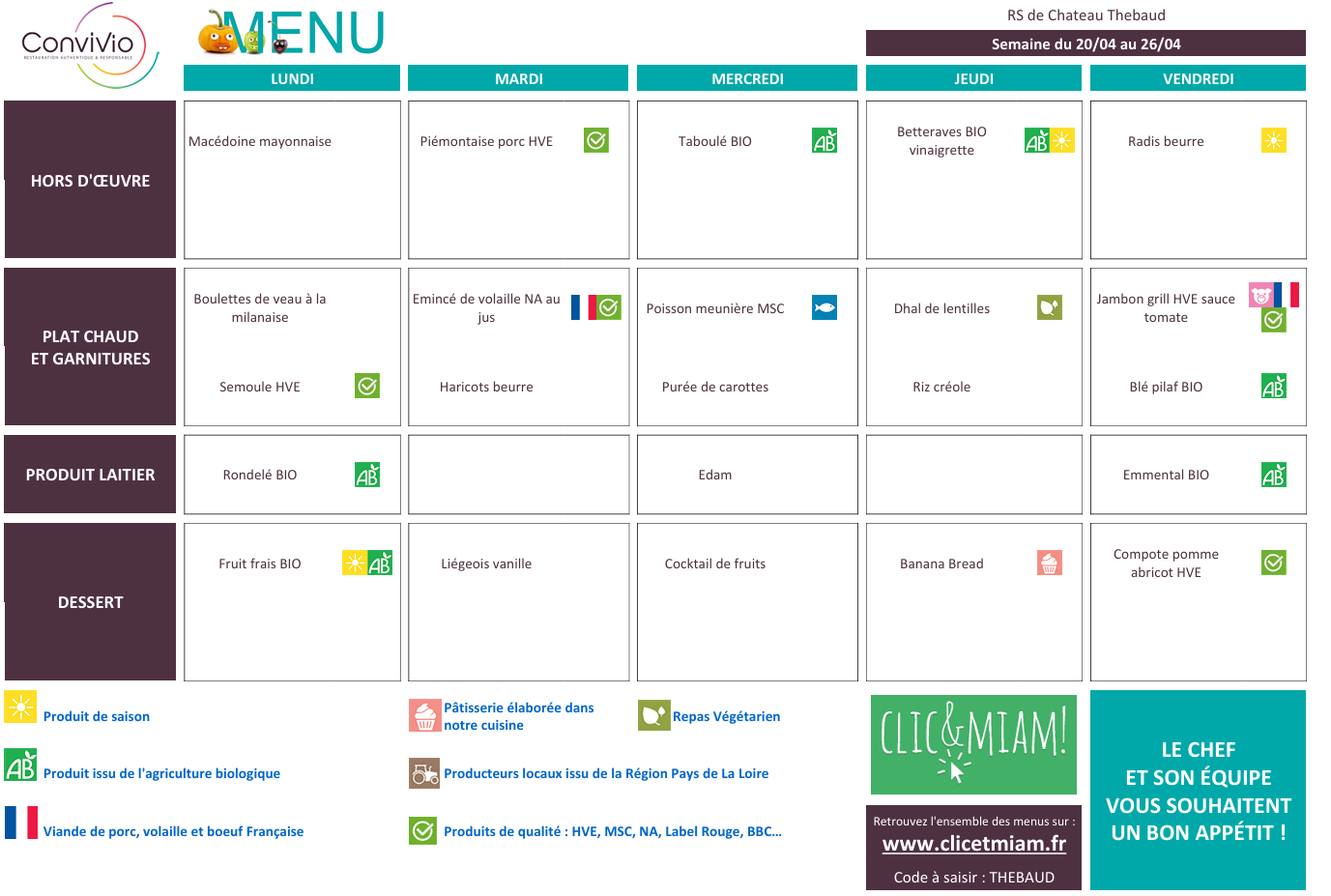 REPAS CANTINE/VACANCES: 20 au 24 avril 2026