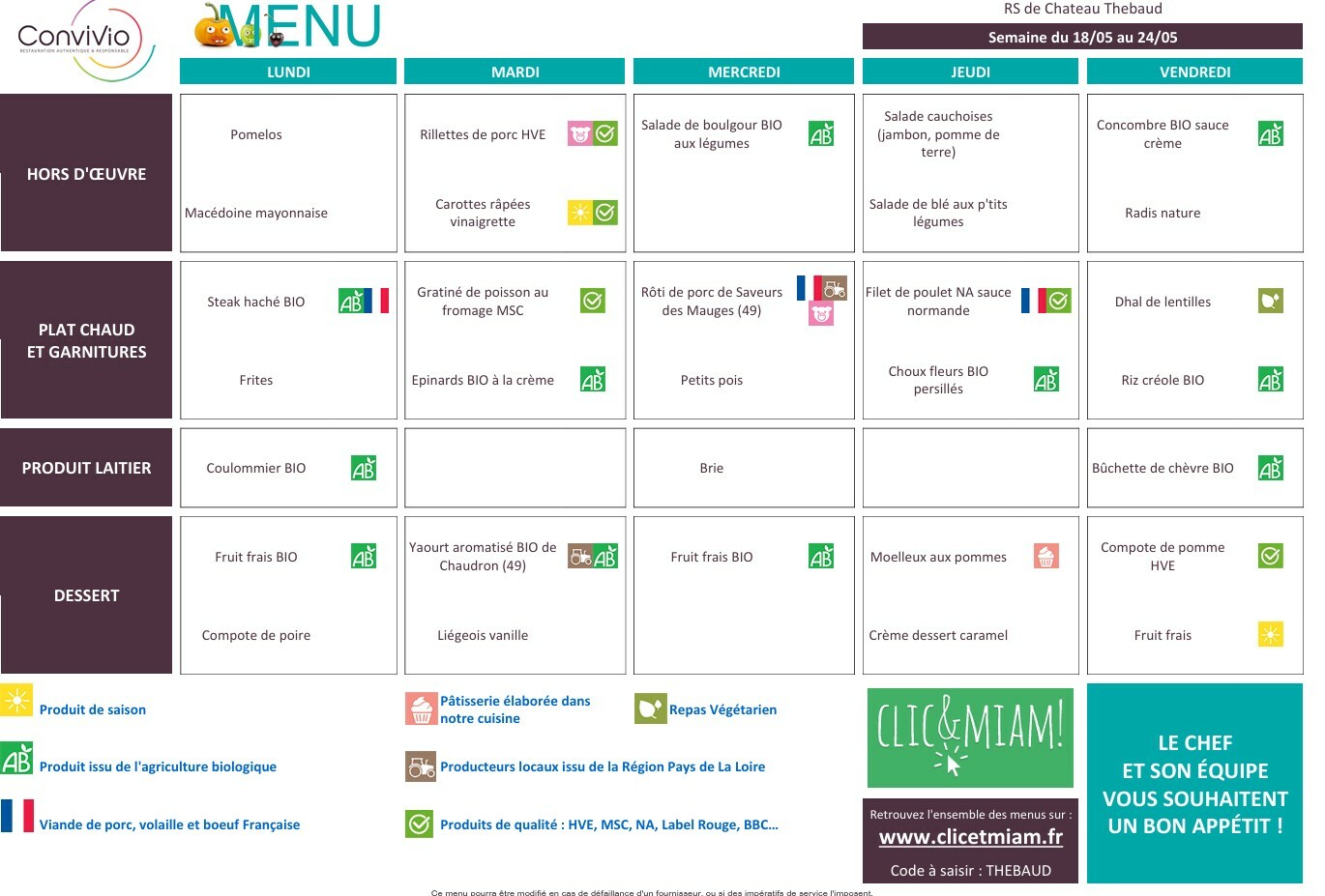 REPAS CANTINE:18 au 22 mai 2026