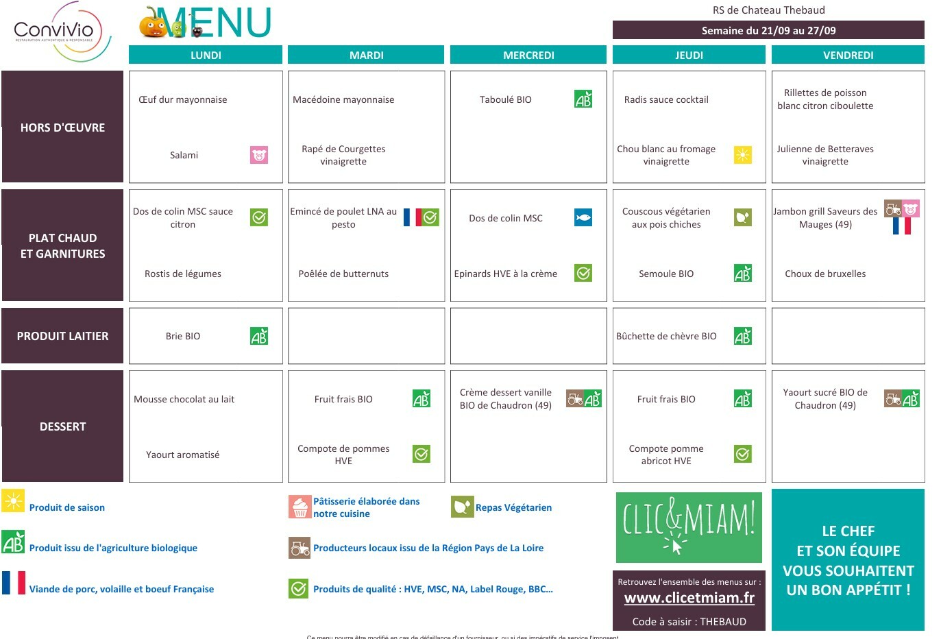 REPAS CANTINE: 21 au  25 septembre 2026