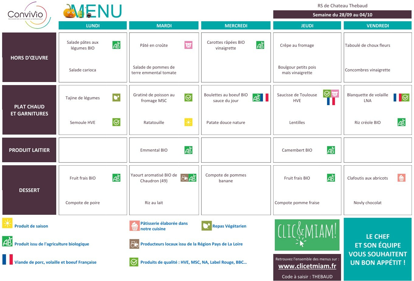 REPAS CANTINE: 28 au 2 octobre 2026