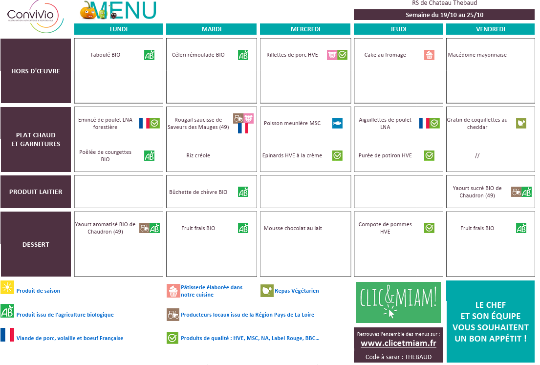 REPAS CANTINE - Vacances scolaires : 19 au 23 octobre 2026