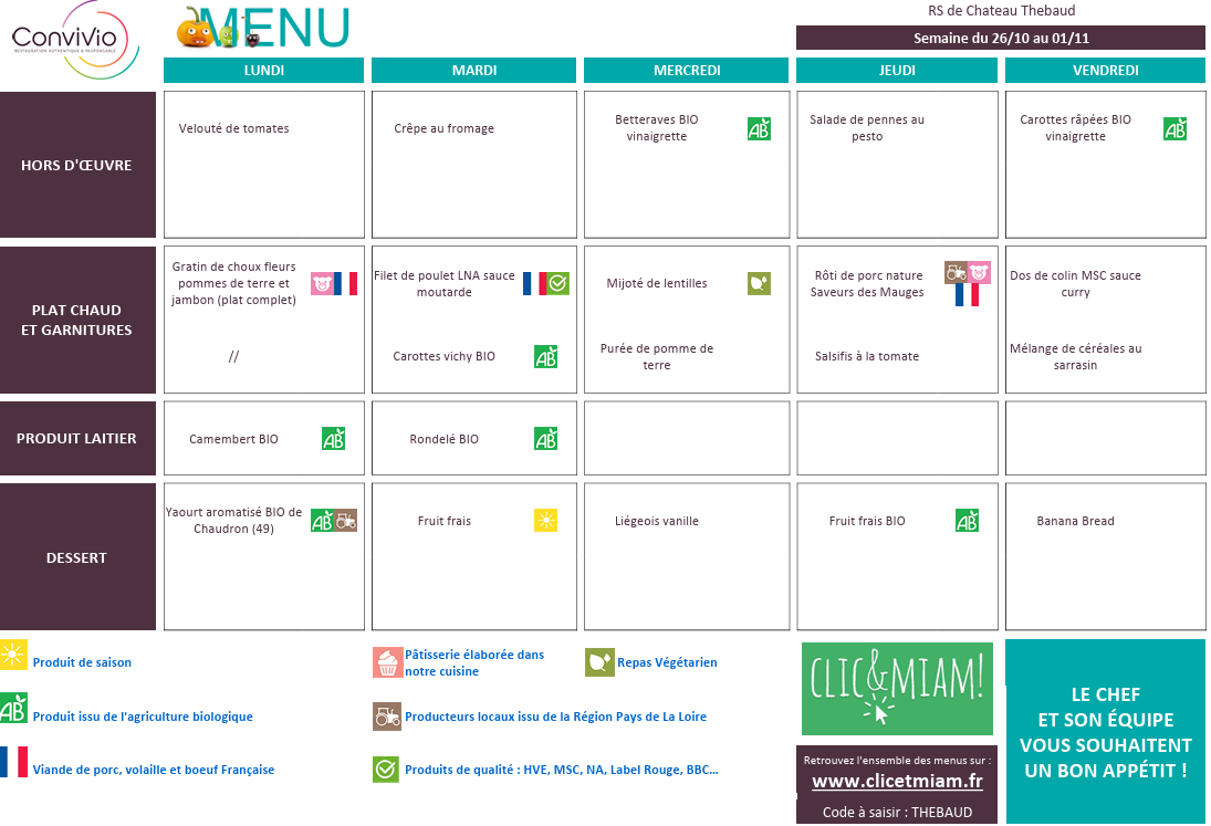 REPAS CANTINE - Vacances scolaires : 26 au 30 octobre 2026