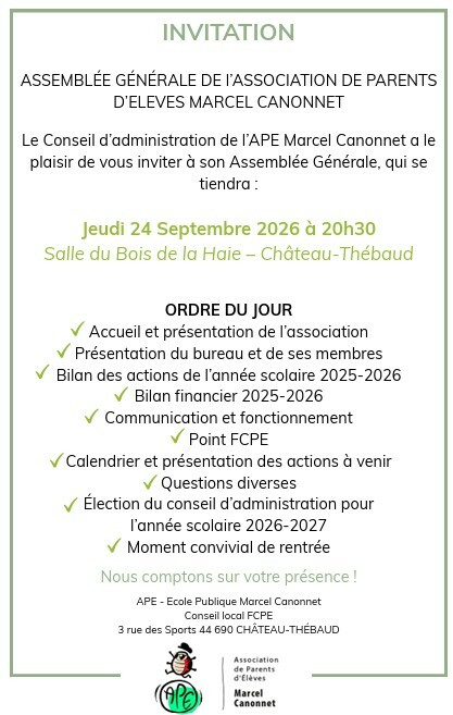 Assemblée Générale APE: 20h30 - salle du Bois de la Haie à Château-Thébaud