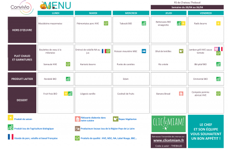 REPAS CANTINE/VACANCES: 20 au 24 avril 2026